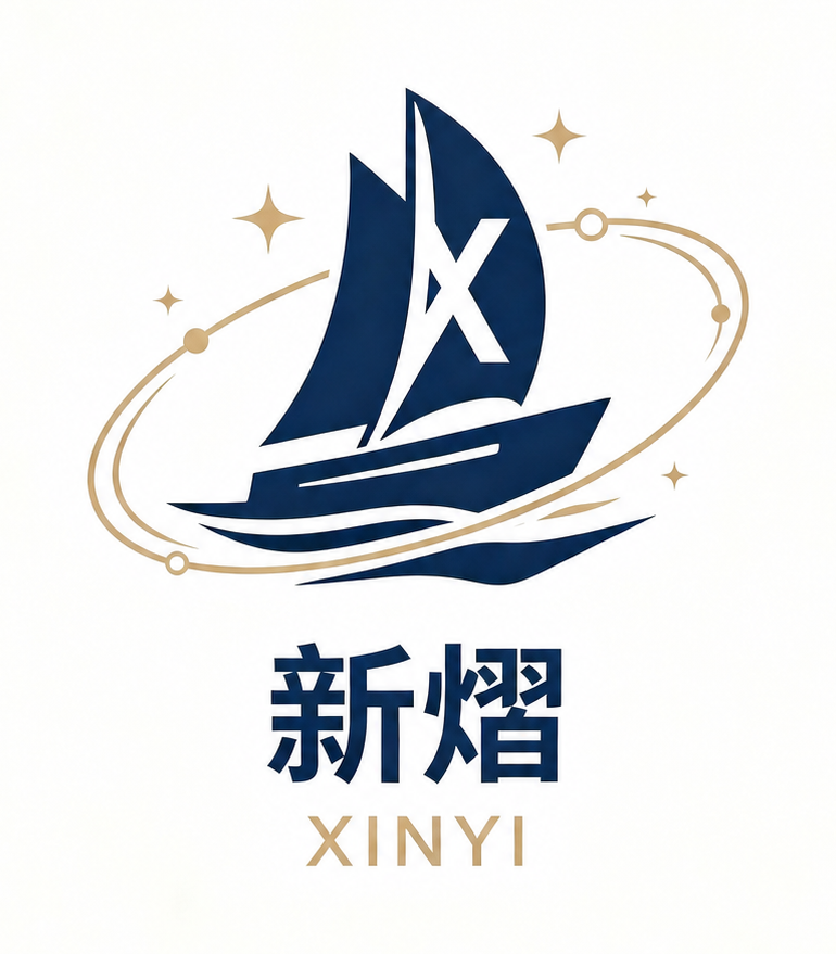 XINYI sailboat logo with navy and gold visual identity